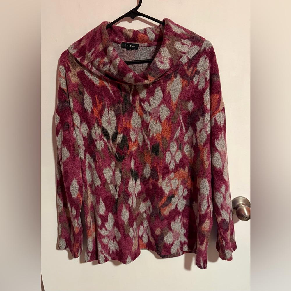 NWT Tribal Drop Shoulder Cowl Neck Sweater in Red Plum Pattern